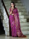 Banarasee Handloom Semi Silk Saree With Leaf Pattern & Floral Zari Border-Mauve