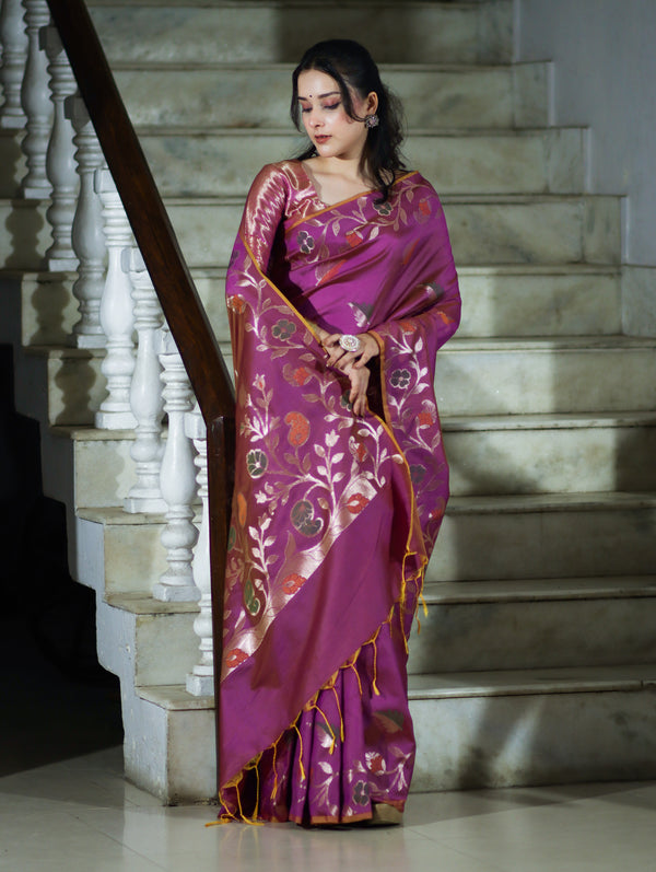 Banarasee Handloom Semi Silk Saree With Leaf Pattern & Floral Zari Border-Mauve