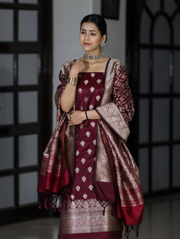 Banarasee Dual Tone Satin Silk Zari Work Salwar Kameez Fabric With Dupatta Set-Burgundy