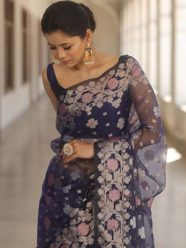 Banarasee Kora Muslin Saree With Zari Jamdani Weaving-Blue