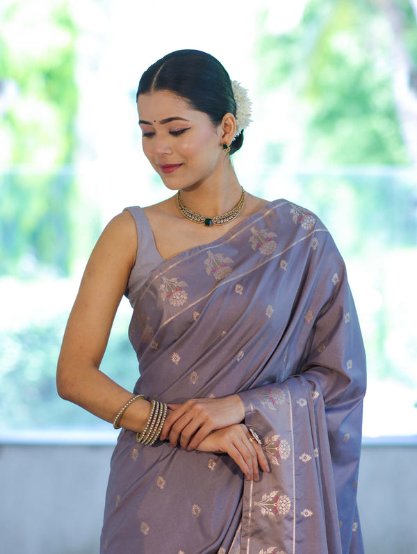 Banarasee Handloom Dual Tone Semi Silk Saree With Zari Buti Design & Border-Grey
