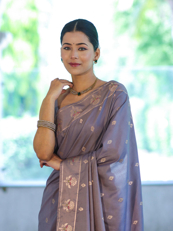 Banarasee Handloom Dual Tone Semi Silk Saree With Zari Buti Design & Border-Grey