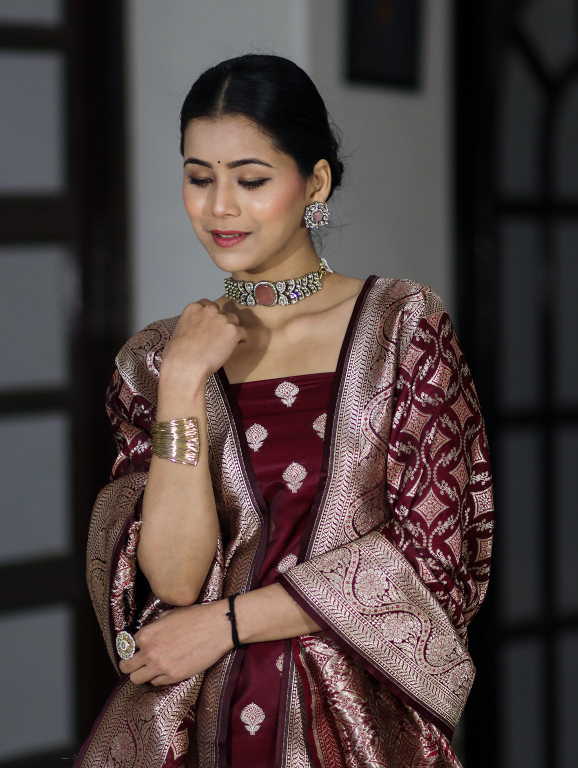 Banarasee Dual Tone Satin Silk Zari Work Salwar Kameez Fabric With Dupatta Set-Burgundy