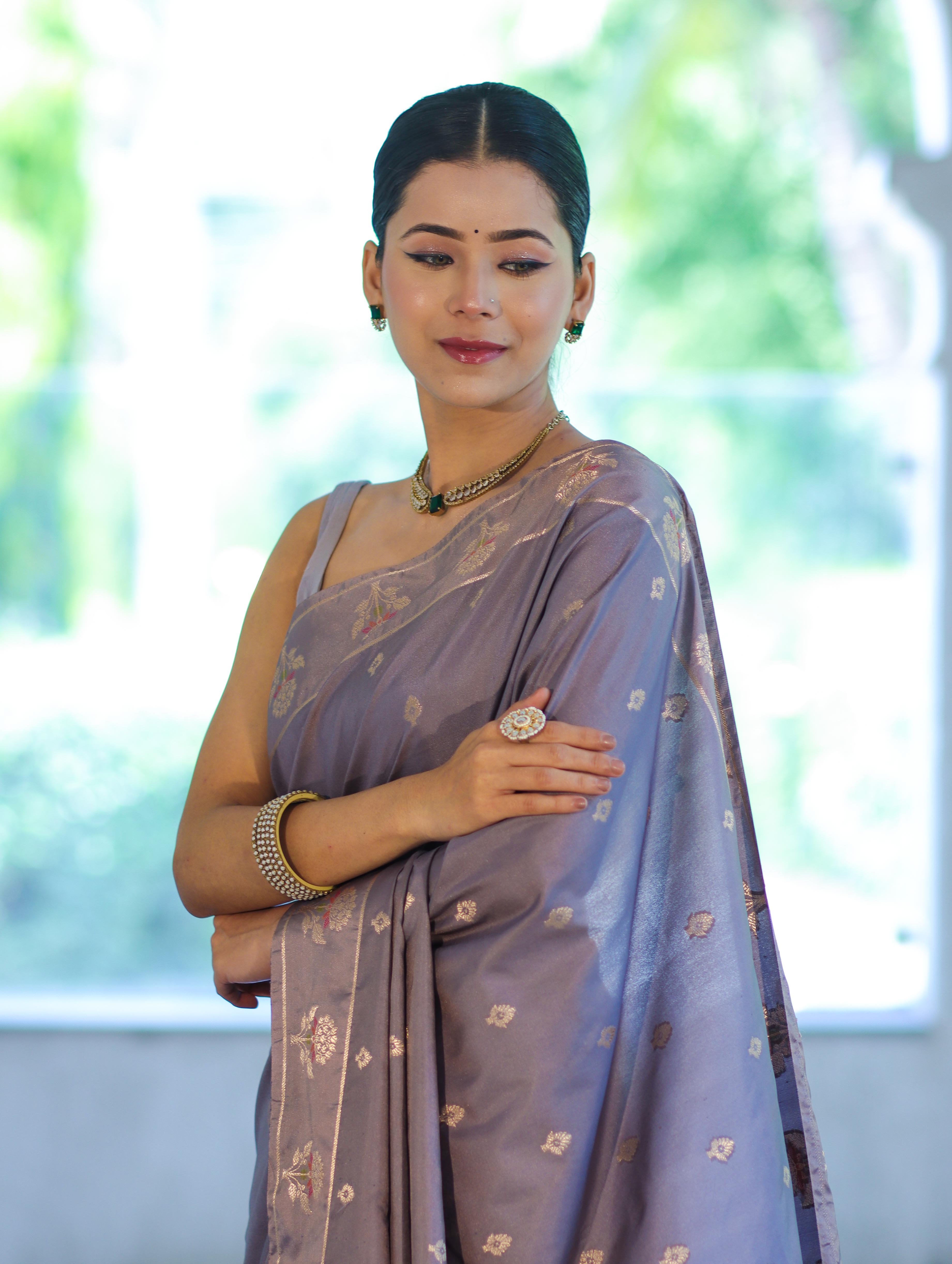 Banarasee Handloom Dual Tone Semi Silk Saree With Zari Buti Design & Border-Grey