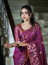 Banarasee Handloom Semi Silk Saree With Leaf Pattern & Floral Zari Border-Mauve