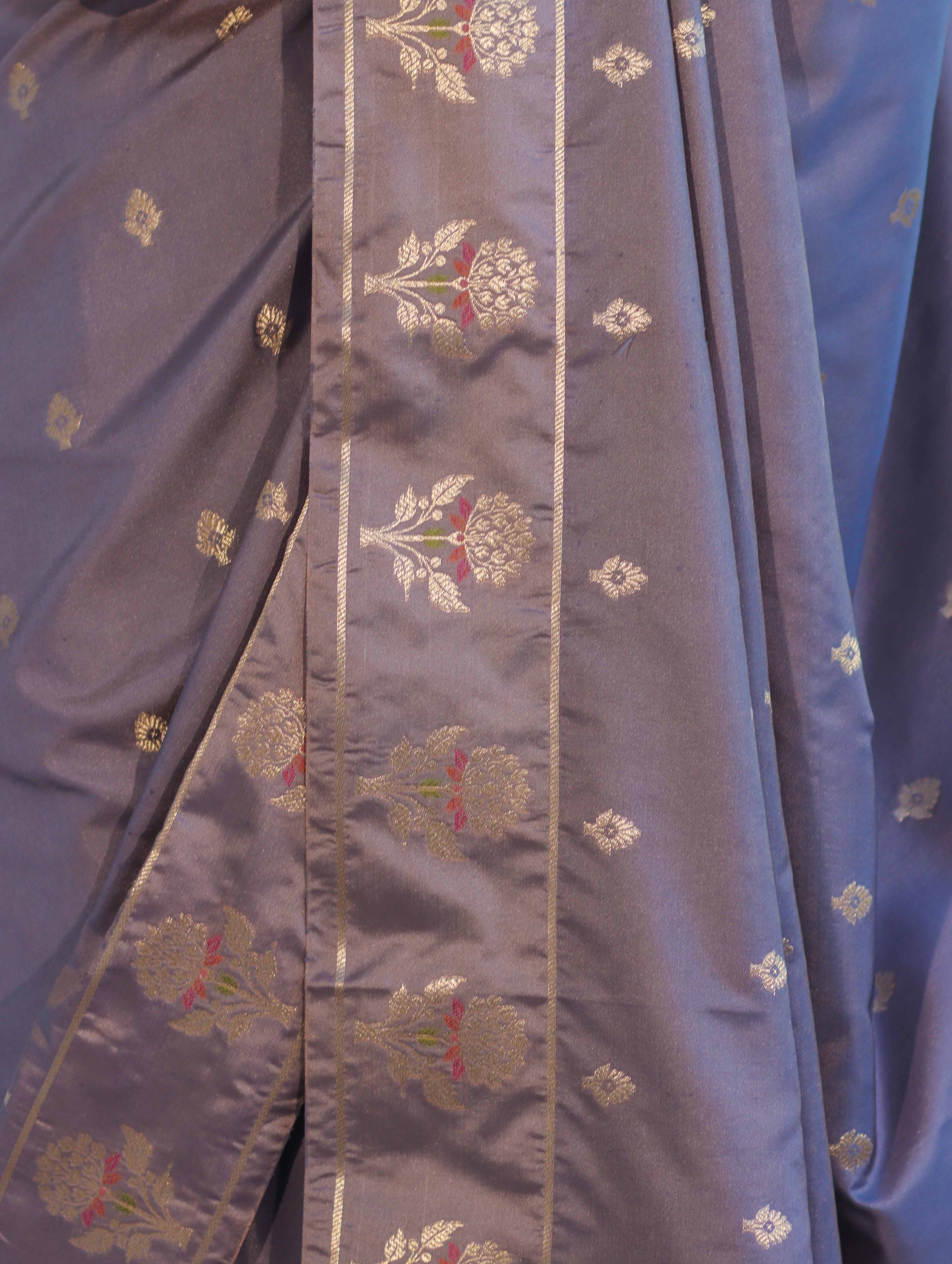 Banarasee Handloom Dual Tone Semi Silk Saree With Zari Buti Design & Border-Grey
