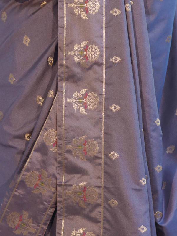 Banarasee Handloom Dual Tone Semi Silk Saree With Zari Buti Design & Border-Grey