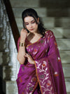Banarasee Handloom Semi Silk Saree With Leaf Pattern & Floral Zari Border-Mauve