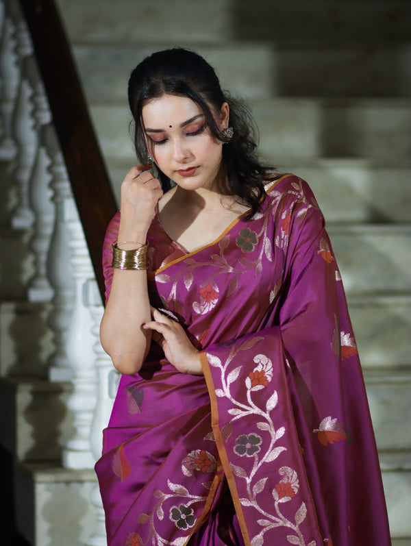 Banarasee Handloom Semi Silk Saree With Leaf Pattern & Floral Zari Border-Mauve