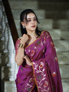 Banarasee Handloom Semi Silk Saree With Leaf Pattern & Floral Zari Border-Mauve