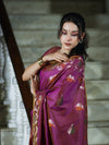 Banarasee Handloom Semi Silk Saree With Leaf Pattern & Floral Zari Border-Mauve