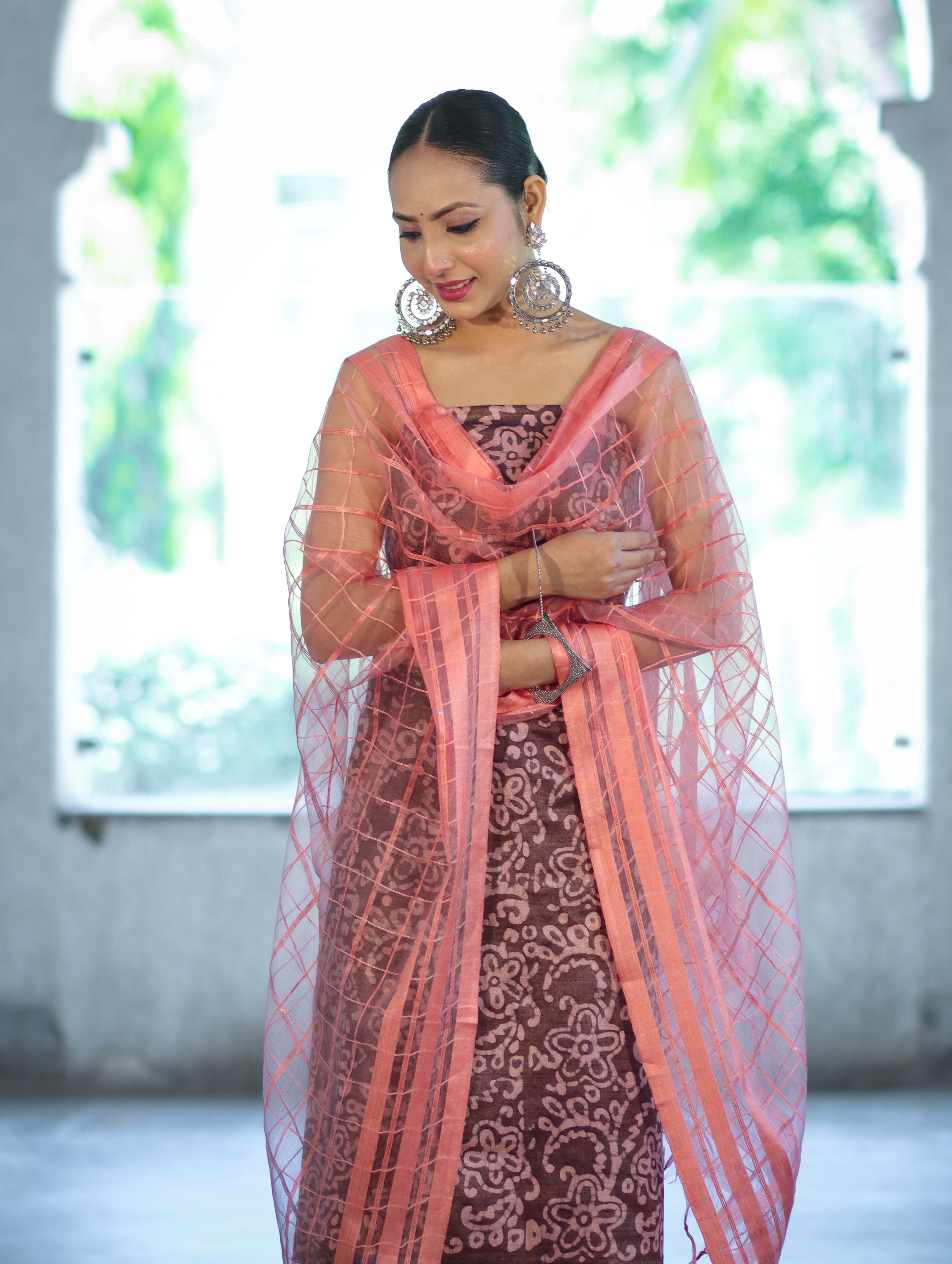 Handloom Block Printed Khadi Cotton Salwar Kameez With Dupatta Set-Brown & Peach