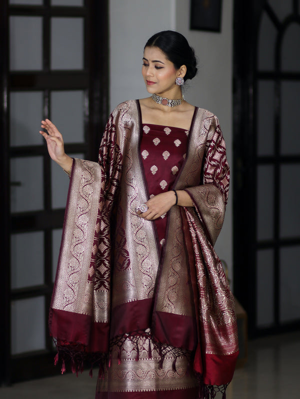 Banarasee Dual Tone Satin Silk Zari Work Salwar Kameez Fabric With Dupatta Set-Burgundy