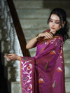 Banarasee Handloom Semi Silk Saree With Leaf Pattern & Floral Zari Border-Mauve