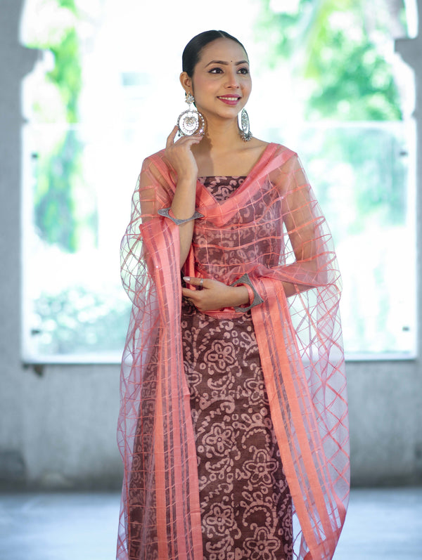 Handloom Block Printed Khadi Cotton Salwar Kameez With Dupatta Set-Brown & Peach
