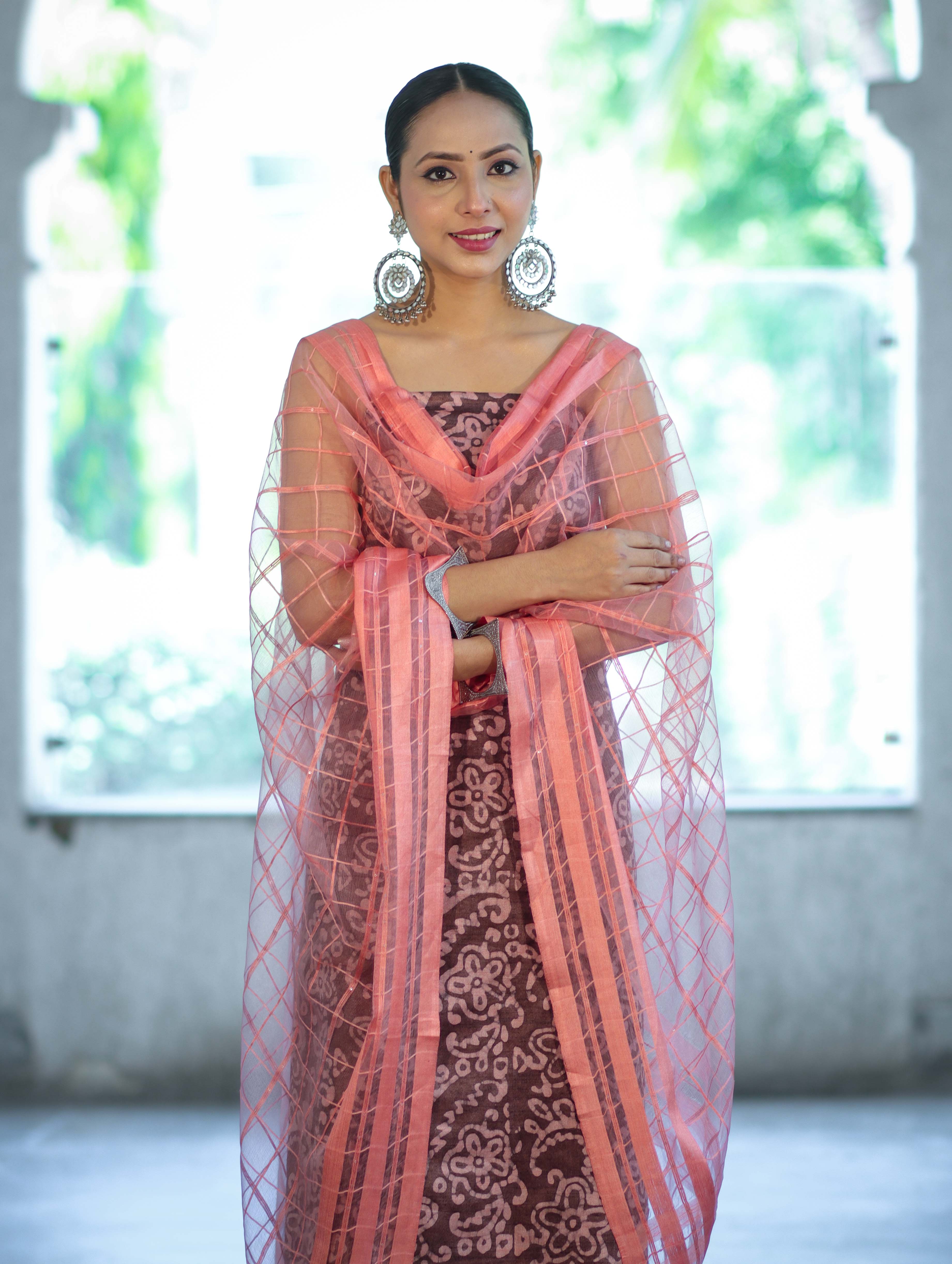 Handloom Block Printed Khadi Cotton Salwar Kameez With Dupatta Set-Brown & Peach