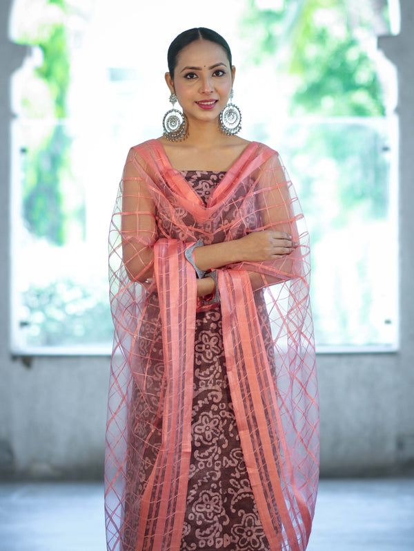 Handloom Block Printed Khadi Cotton Salwar Kameez With Dupatta Set-Brown & Peach