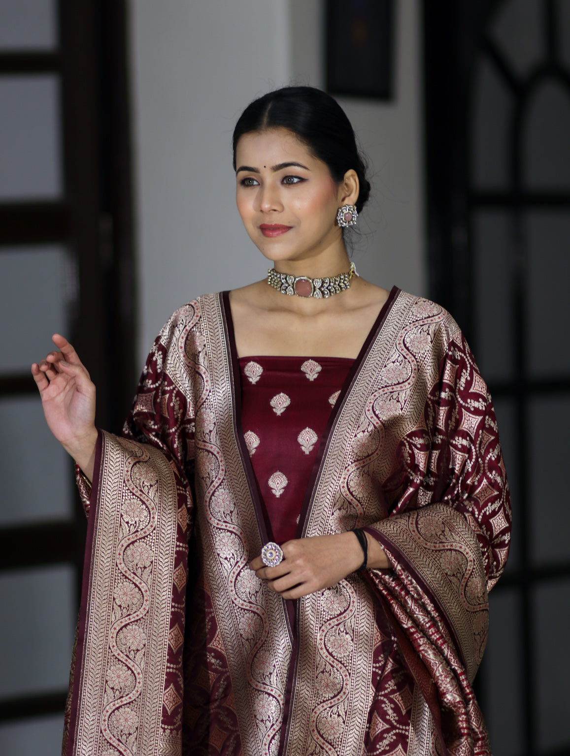 Banarasee Dual Tone Satin Silk Zari Work Salwar Kameez Fabric With Dupatta Set-Burgundy