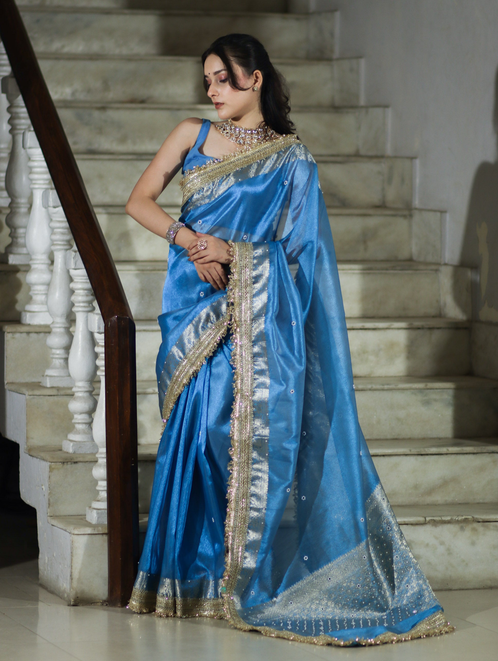 Banarasee Tissue Saree With Handwork Pearl Motifs Zari Border & Lace-Sky Blue