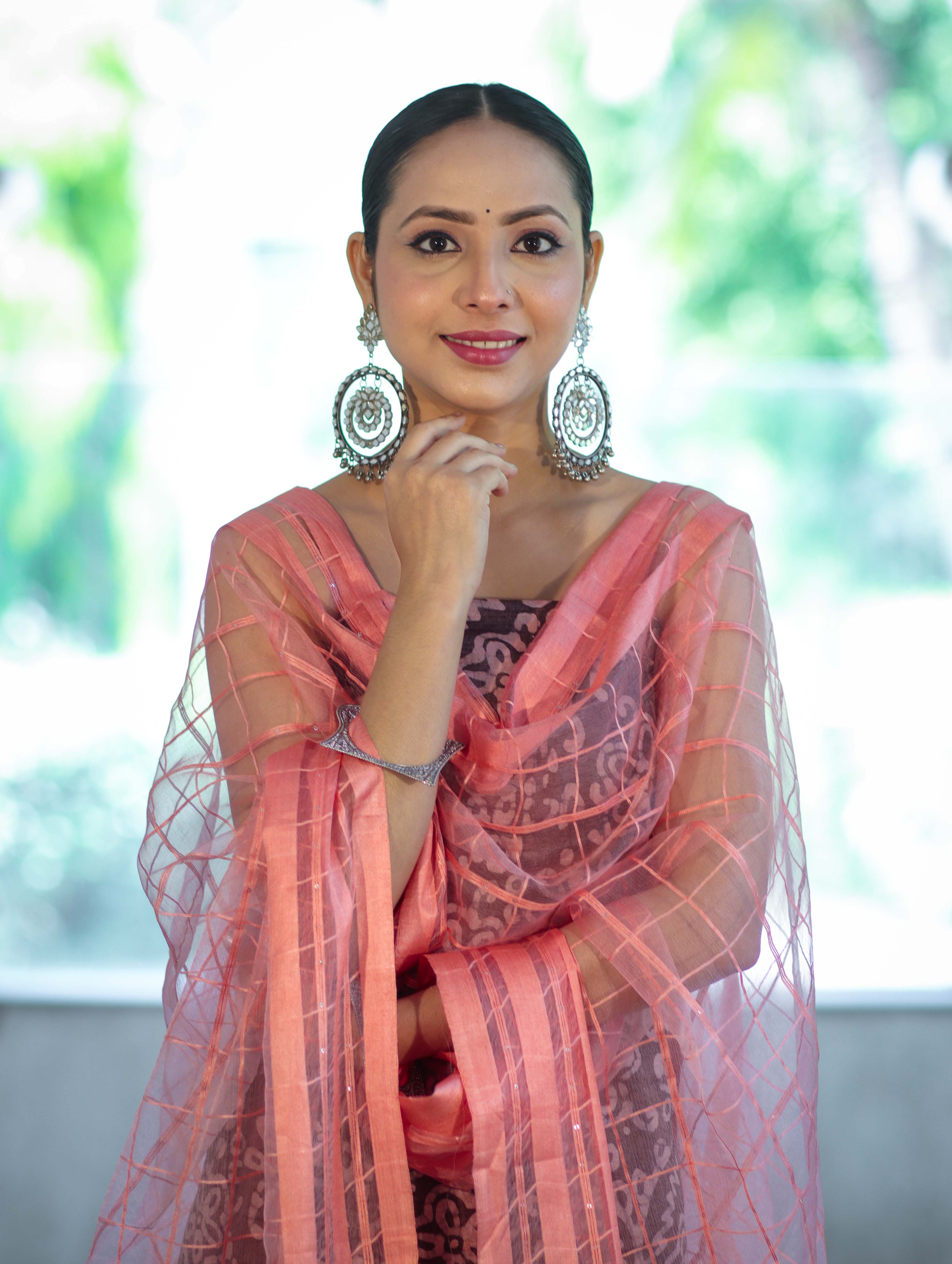 Handloom Block Printed Khadi Cotton Salwar Kameez With Dupatta Set-Brown & Peach