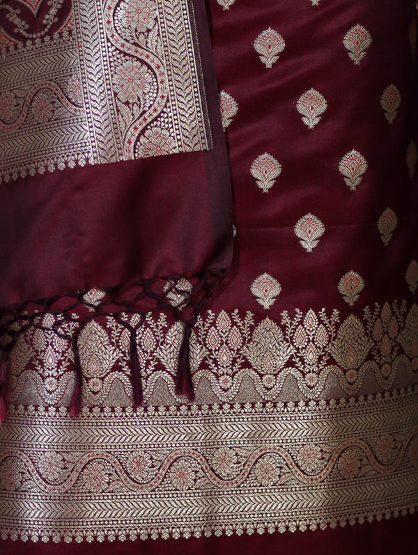 Banarasee Dual Tone Satin Silk Zari Work Salwar Kameez Fabric With Dupatta Set-Burgundy