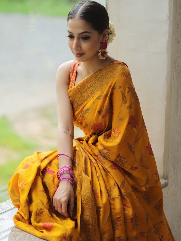Banarasee Pure Handloom Muga Silk Saree With Zari & Gold Weaving-Mustard Yellow