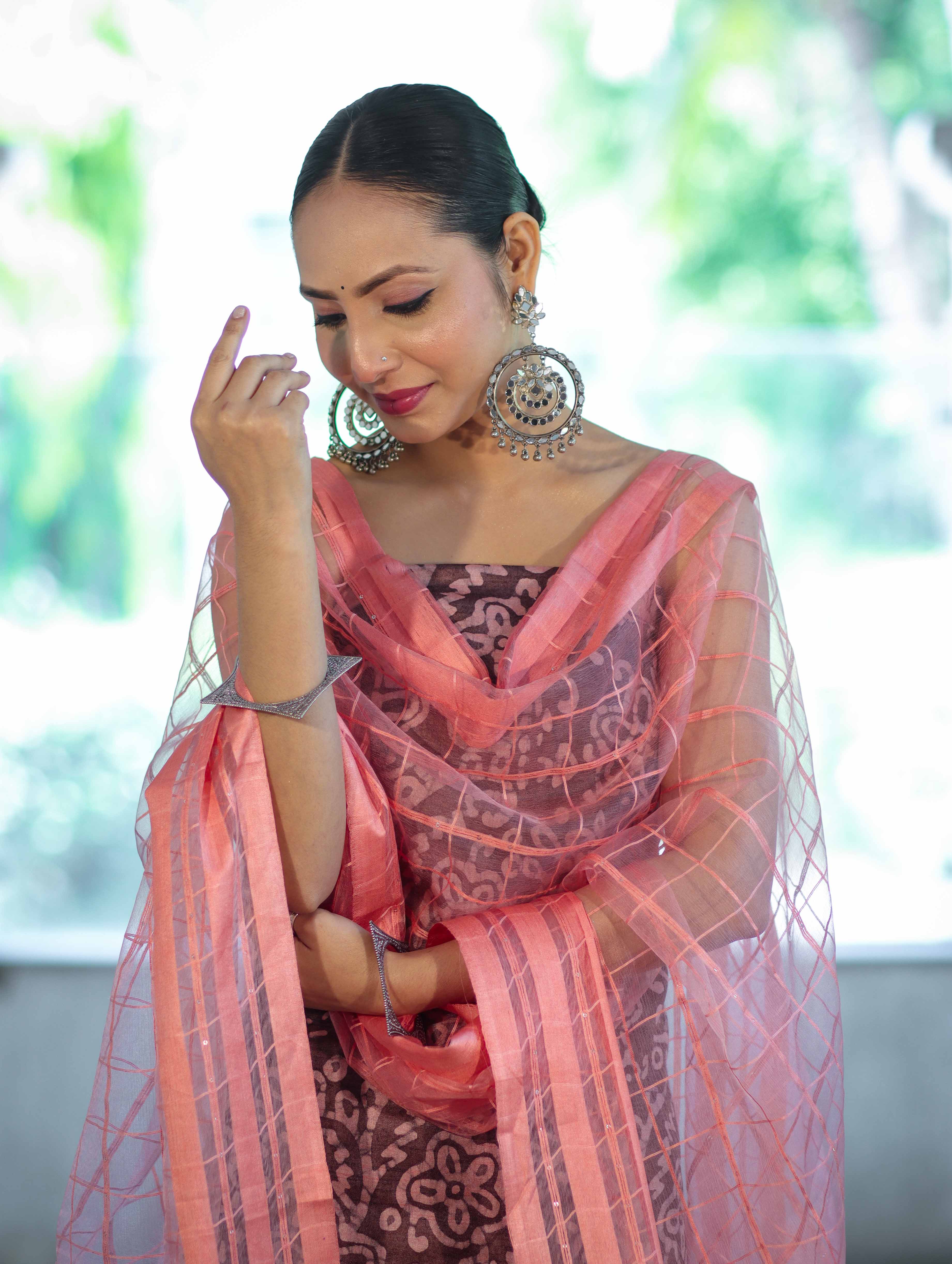 Handloom Block Printed Khadi Cotton Salwar Kameez With Dupatta Set-Brown & Peach