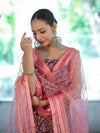 Handloom Block Printed Khadi Cotton Salwar Kameez With Dupatta Set-Brown & Peach