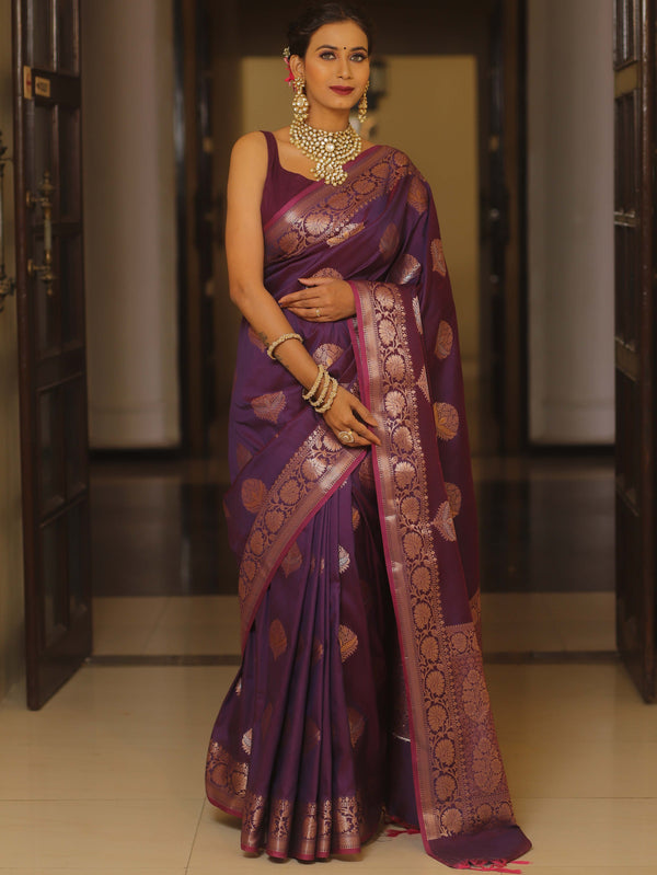 Banarasee Handwoven Semi Silk Saree With Sona Rupa Zari Buti-Violet