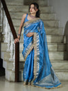 Banarasee Tissue Saree With Handwork Pearl Motifs Zari Border & Lace-Sky Blue