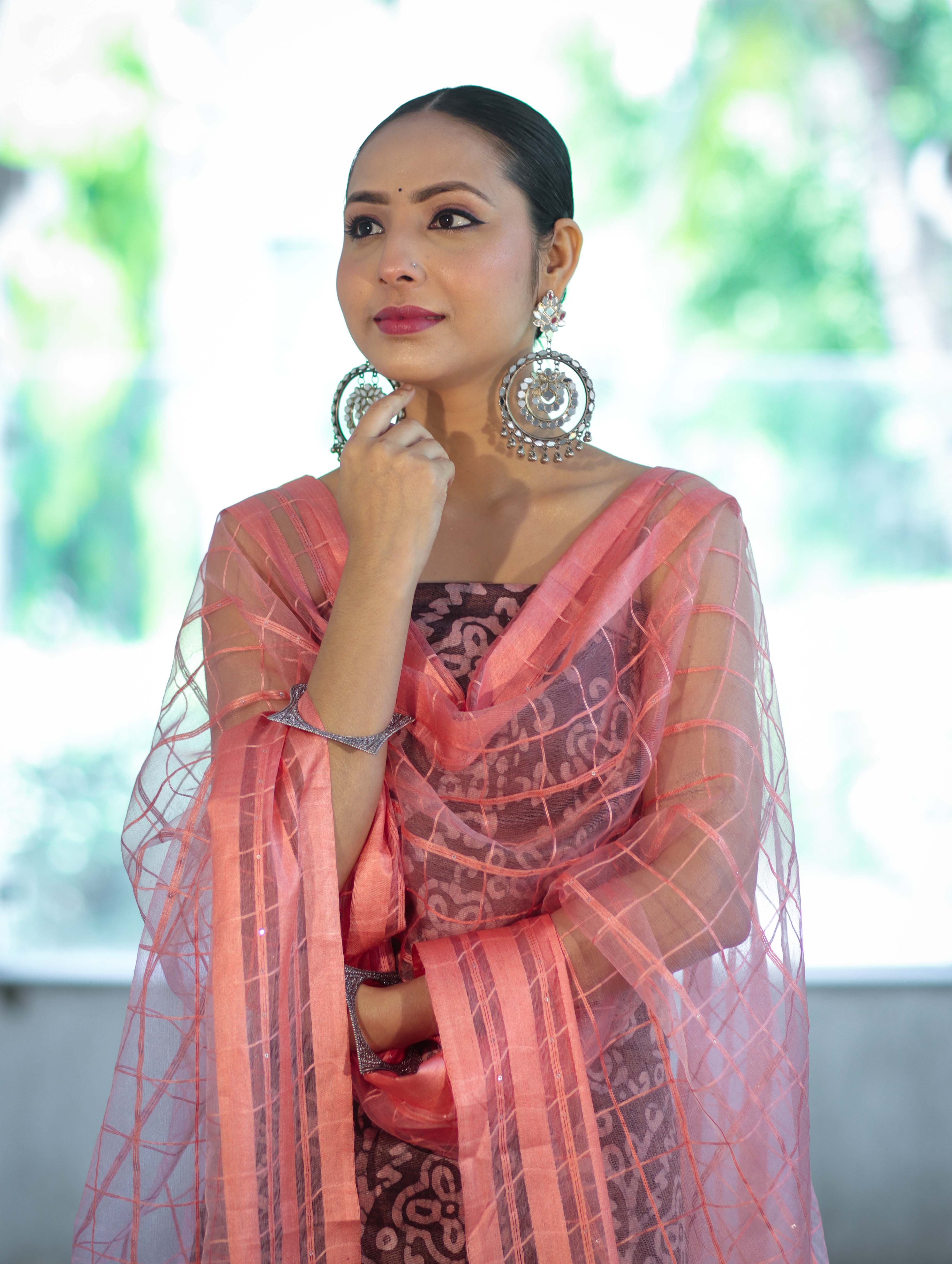 Handloom Block Printed Khadi Cotton Salwar Kameez With Dupatta Set-Brown & Peach
