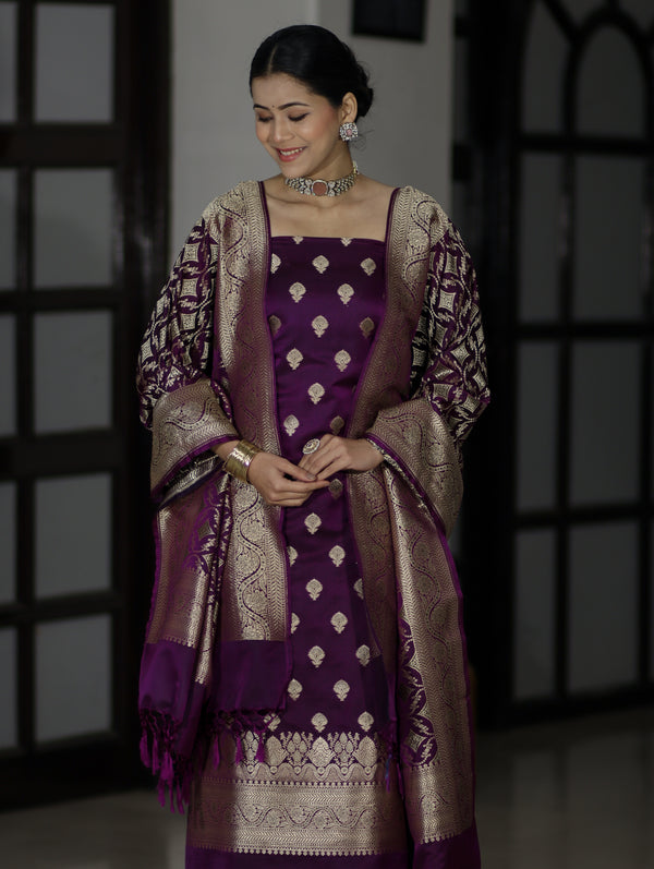 Banarasee Dual Tone Satin Silk Zari Work Salwar Kameez Fabric With Dupatta Set-Purple