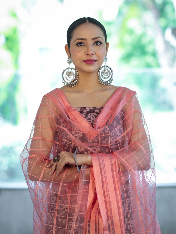 Handloom Block Printed Khadi Cotton Salwar Kameez With Dupatta Set-Brown & Peach