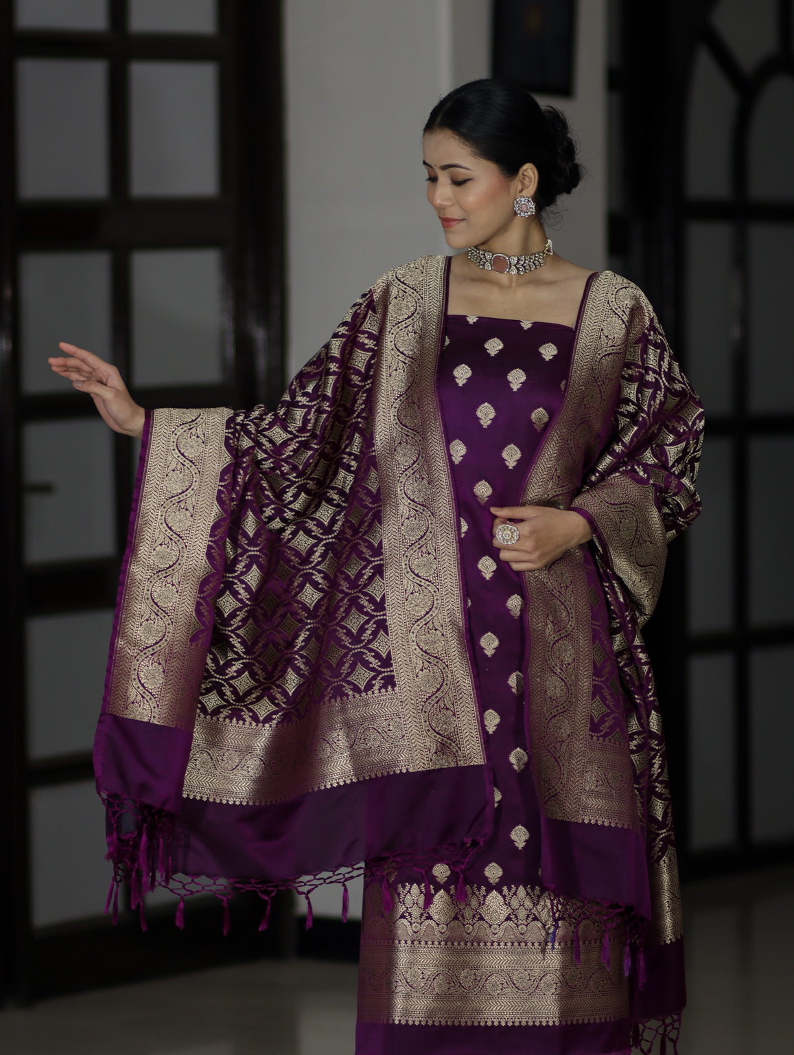 Banarasee Dual Tone Satin Silk Zari Work Salwar Kameez Fabric With Dupatta Set-Purple