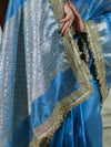 Banarasee Tissue Saree With Handwork Pearl Motifs Zari Border & Lace-Sky Blue