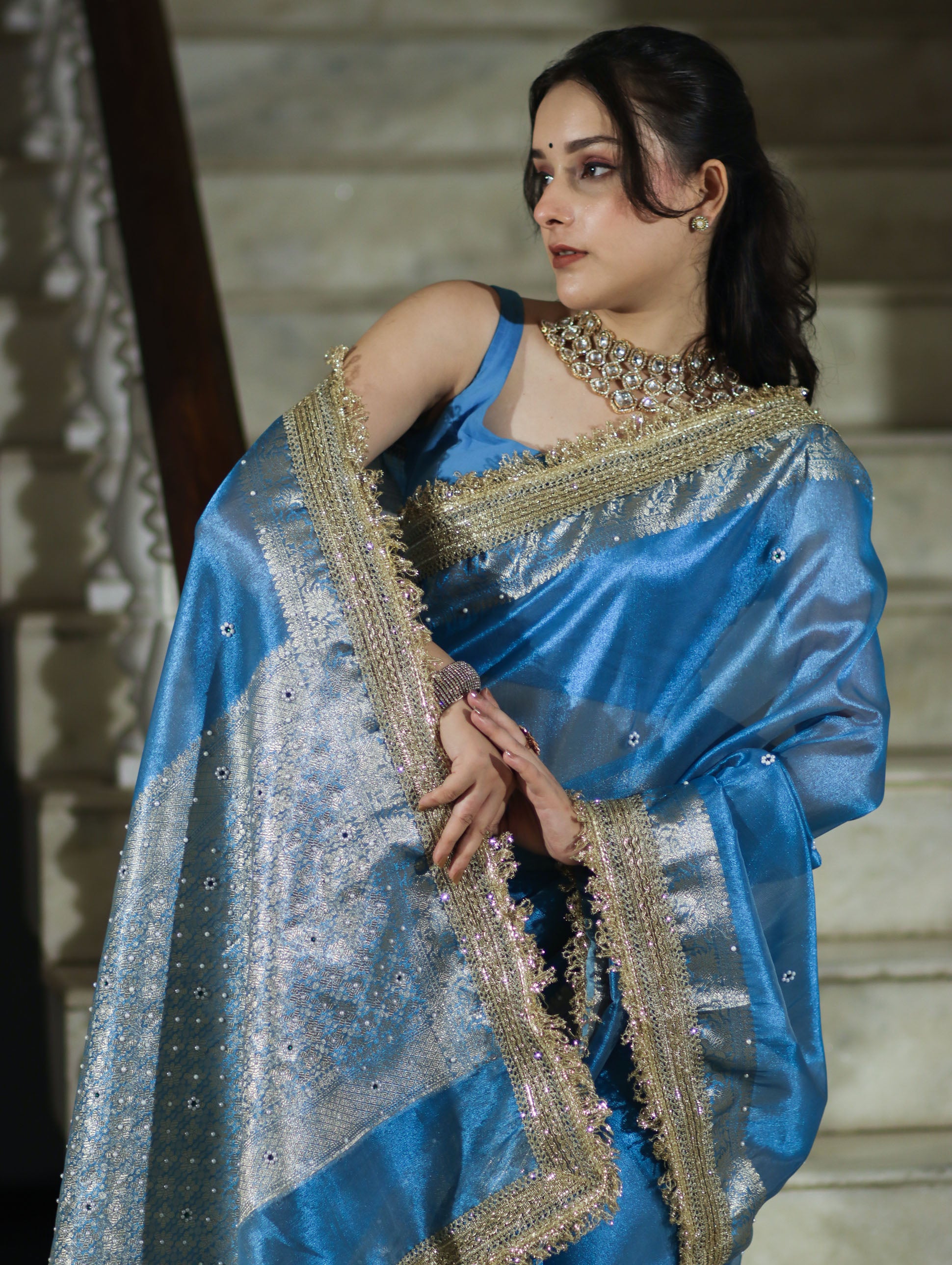 Banarasee Tissue Saree With Handwork Pearl Motifs Zari Border & Lace-Sky Blue