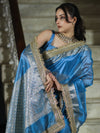 Banarasee Tissue Saree With Handwork Pearl Motifs Zari Border & Lace-Sky Blue