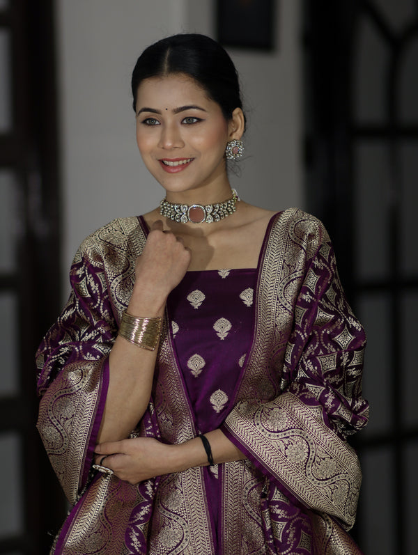 Banarasee Dual Tone Satin Silk Zari Work Salwar Kameez Fabric With Dupatta Set-Purple