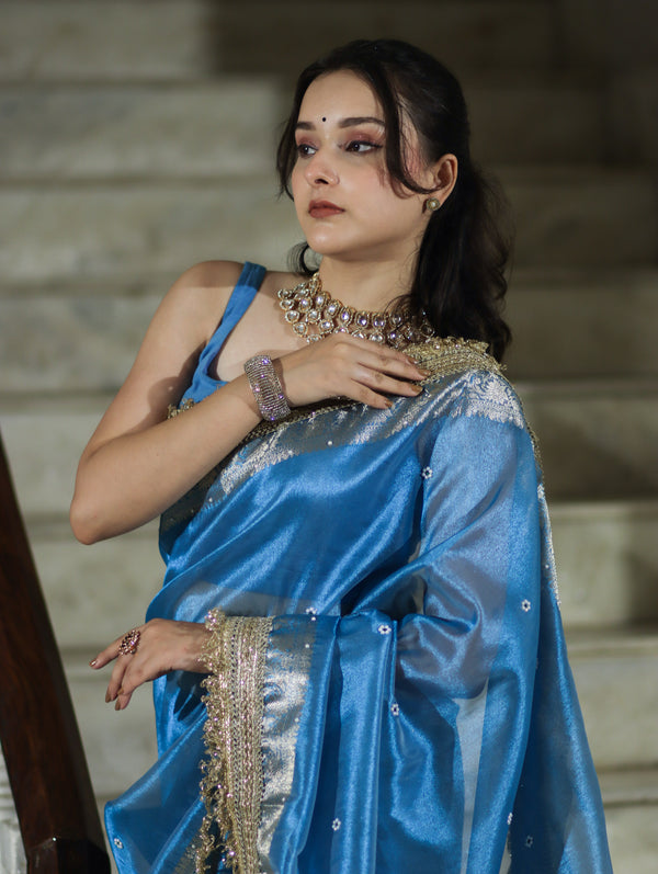 Banarasee Tissue Saree With Handwork Pearl Motifs Zari Border & Lace-Sky Blue