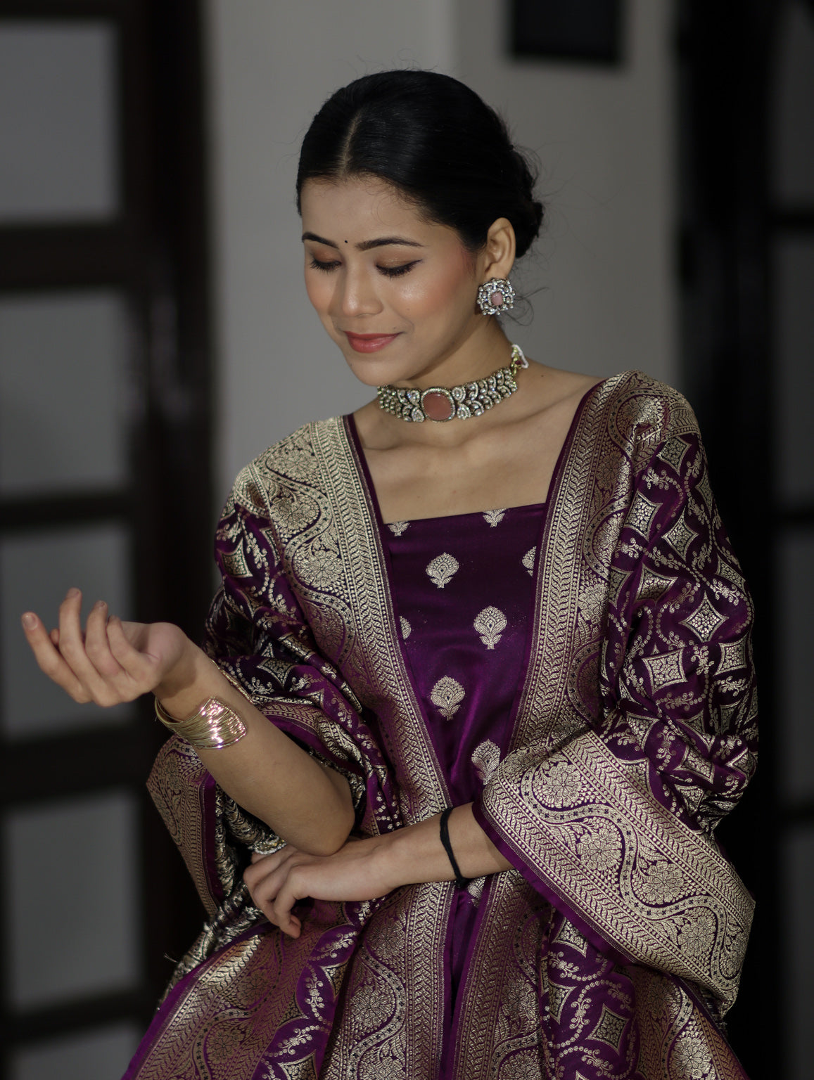 Banarasee Dual Tone Satin Silk Zari Work Salwar Kameez Fabric With Dupatta Set-Purple