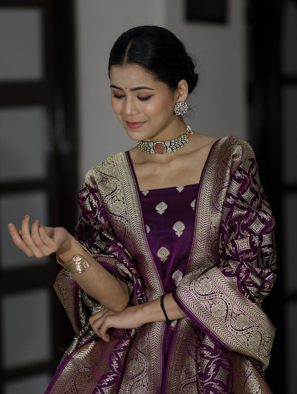 Banarasee Dual Tone Satin Silk Zari Work Salwar Kameez Fabric With Dupatta Set-Purple