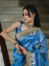 Banarasee Tissue Saree With Handwork Pearl Motifs Zari Border & Lace-Sky Blue
