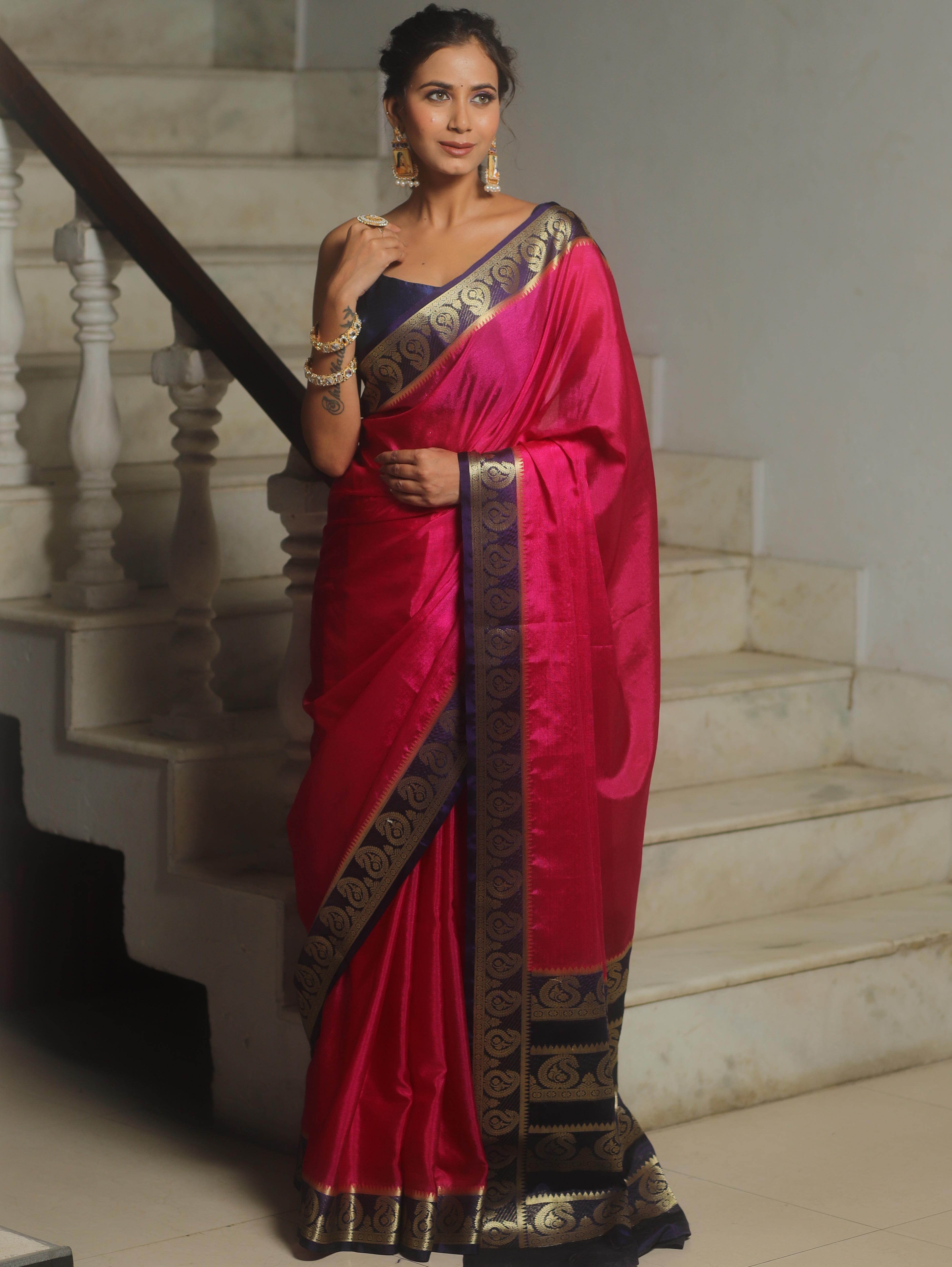 Banarasee Handwoven Semi Silk Plain Saree With Zari Border-Pink & Blue