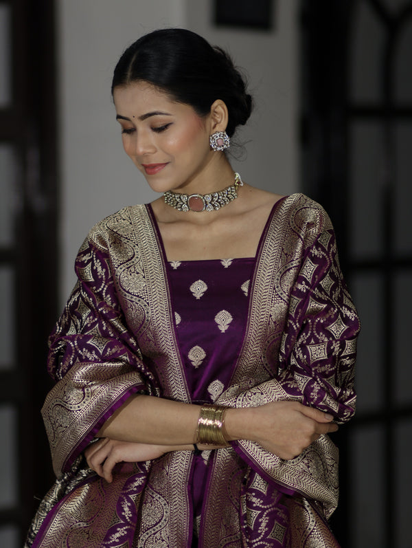 Banarasee Dual Tone Satin Silk Zari Work Salwar Kameez Fabric With Dupatta Set-Purple
