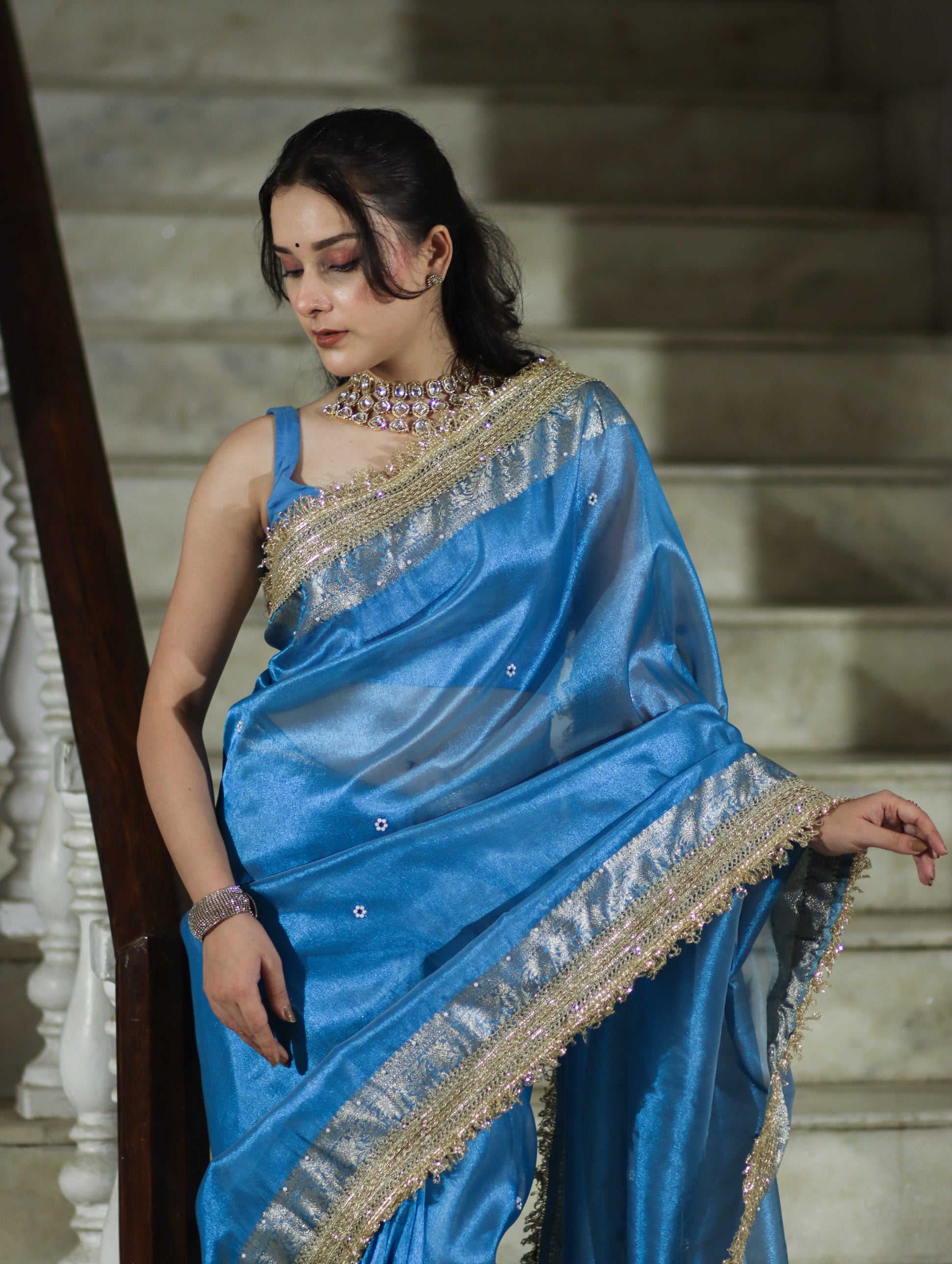 Banarasee Tissue Saree With Handwork Pearl Motifs Zari Border & Lace-Sky Blue