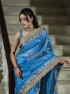 Banarasee Tissue Saree With Handwork Pearl Motifs Zari Border & Lace-Sky Blue
