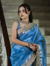 Banarasee Tissue Saree With Handwork Pearl Motifs Zari Border & Lace-Sky Blue