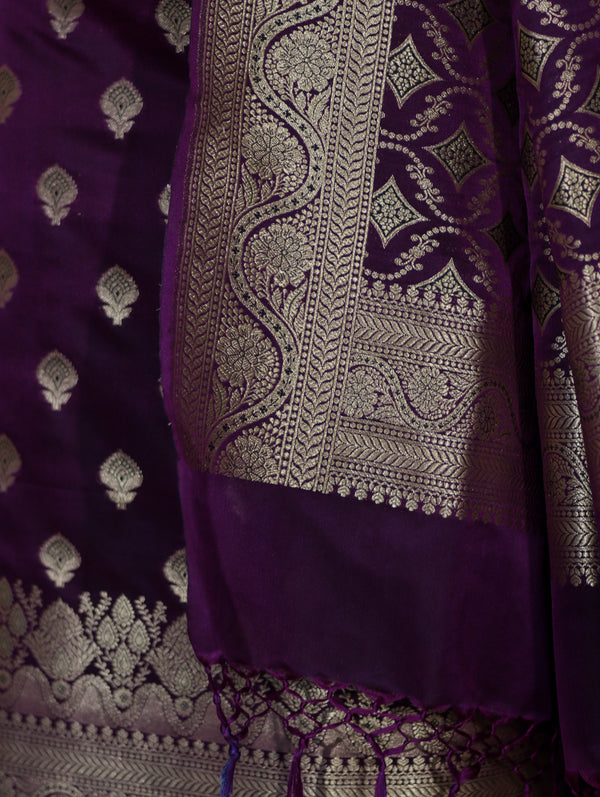 Banarasee Dual Tone Satin Silk Zari Work Salwar Kameez Fabric With Dupatta Set-Purple
