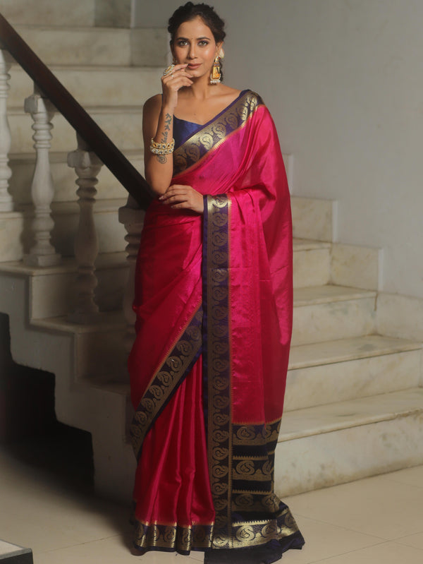 Banarasee Handwoven Semi Silk Plain Saree With Zari Border-Pink & Blue