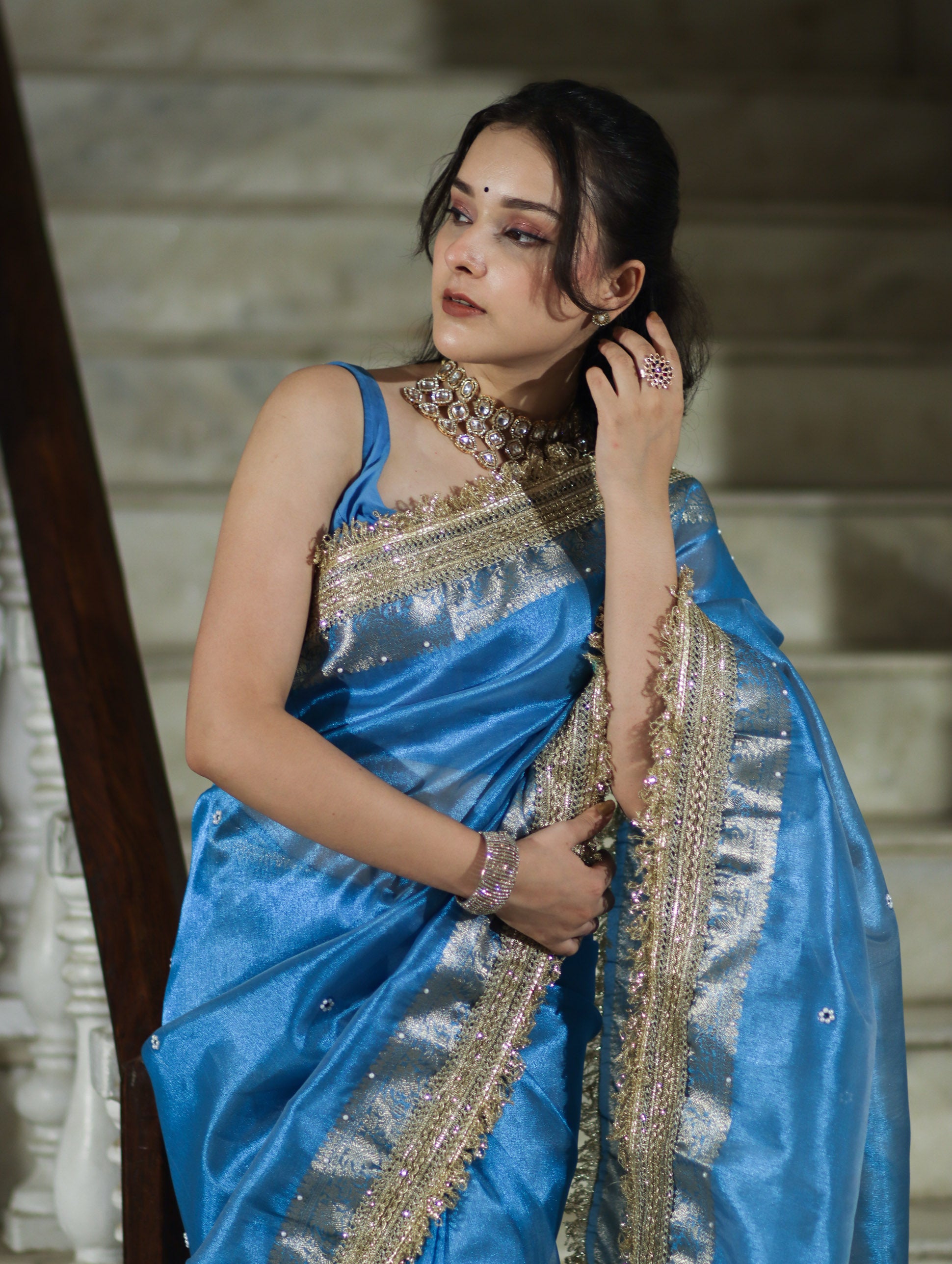 Banarasee Tissue Saree With Handwork Pearl Motifs Zari Border & Lace-Sky Blue